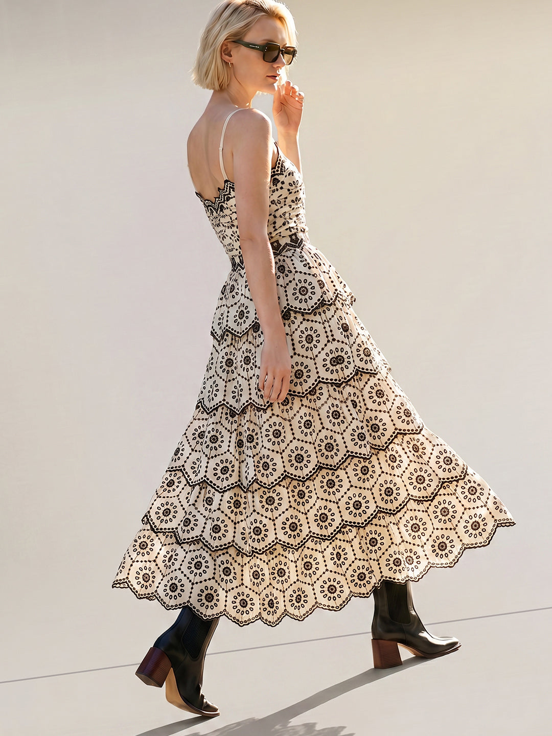 White Contrast Embroidered Dress