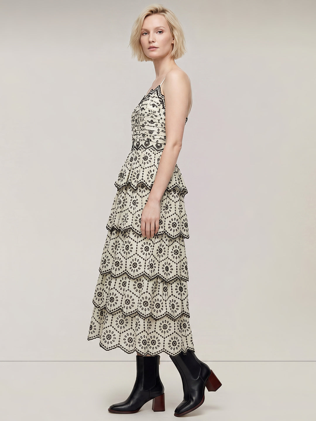 White Contrast Embroidered Dress