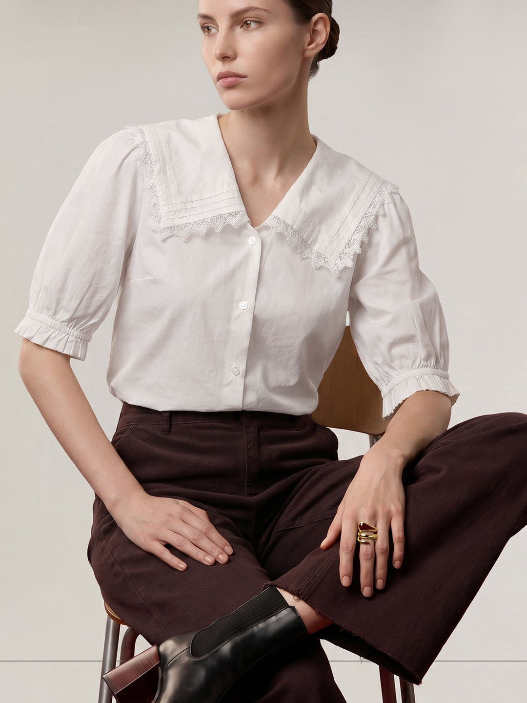 White Lace Trim Collar Top