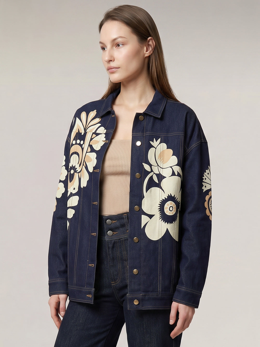 Dark Blue Floral Denim Jacket