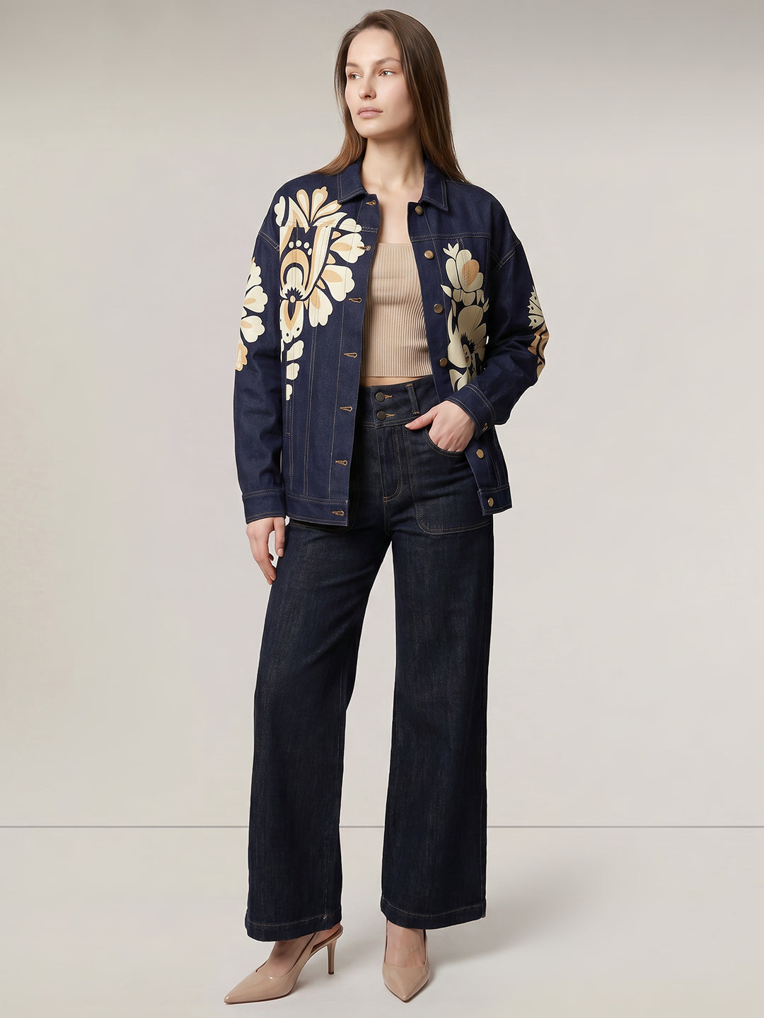 Dark Blue Floral Denim Jacket