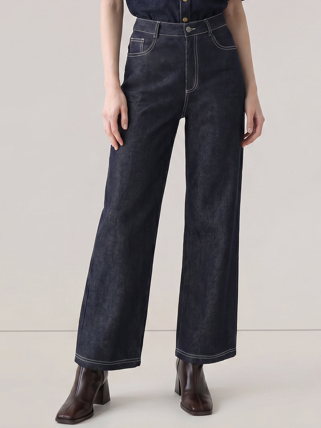 Dark Blue High Rise Denim Pants