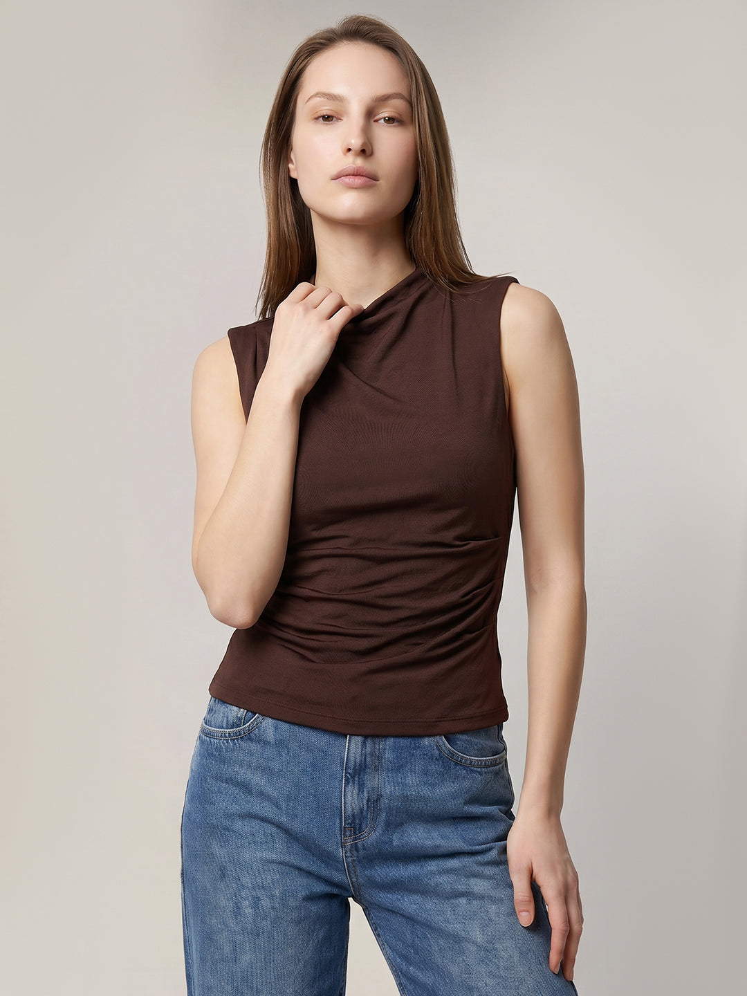 Brown Sleeveless Draped Top