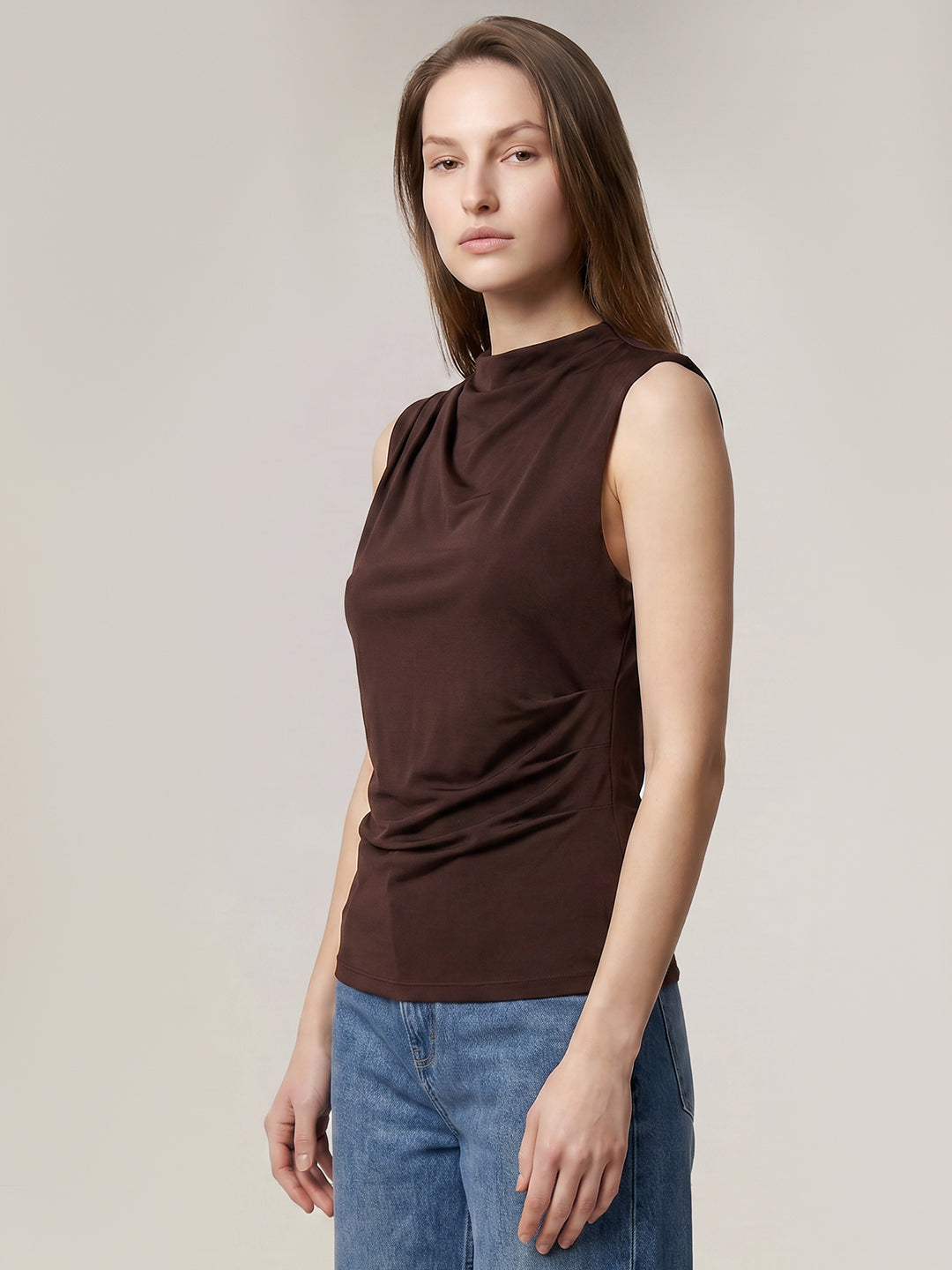 Brown Sleeveless Draped Top