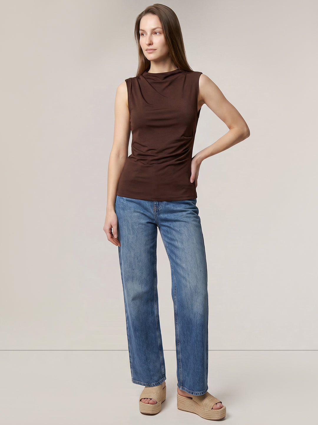 Brown Sleeveless Draped Top