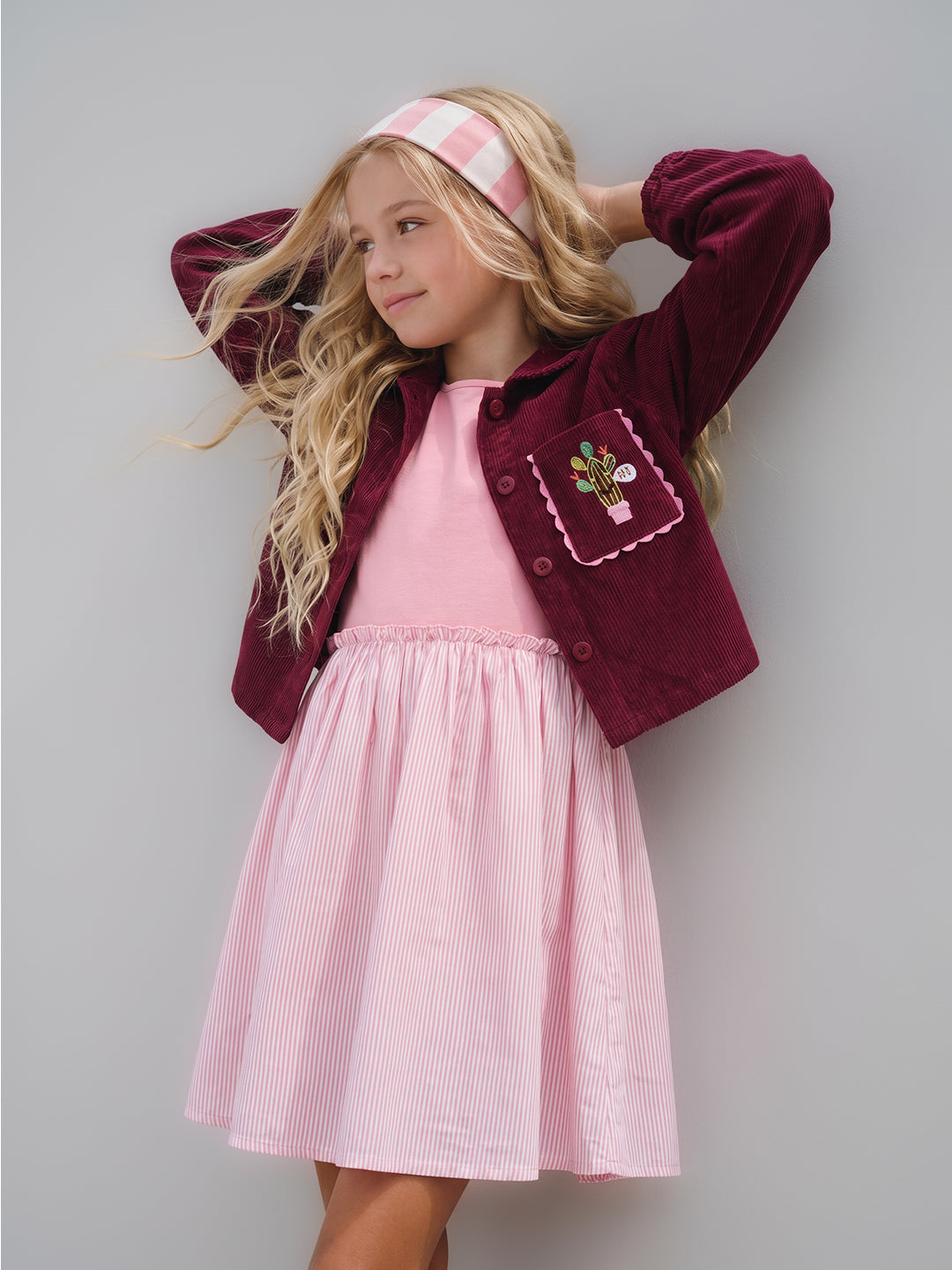 Girls Pink Striped Fit & Flare Dress