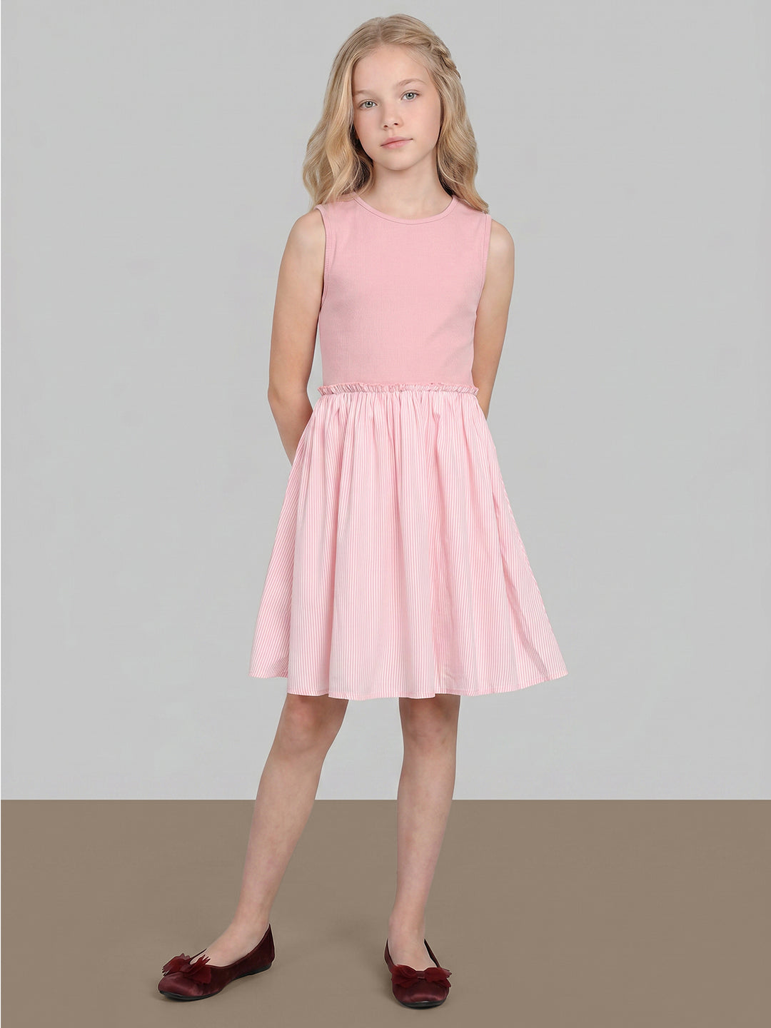 Girls Pink Striped Fit & Flare Dress