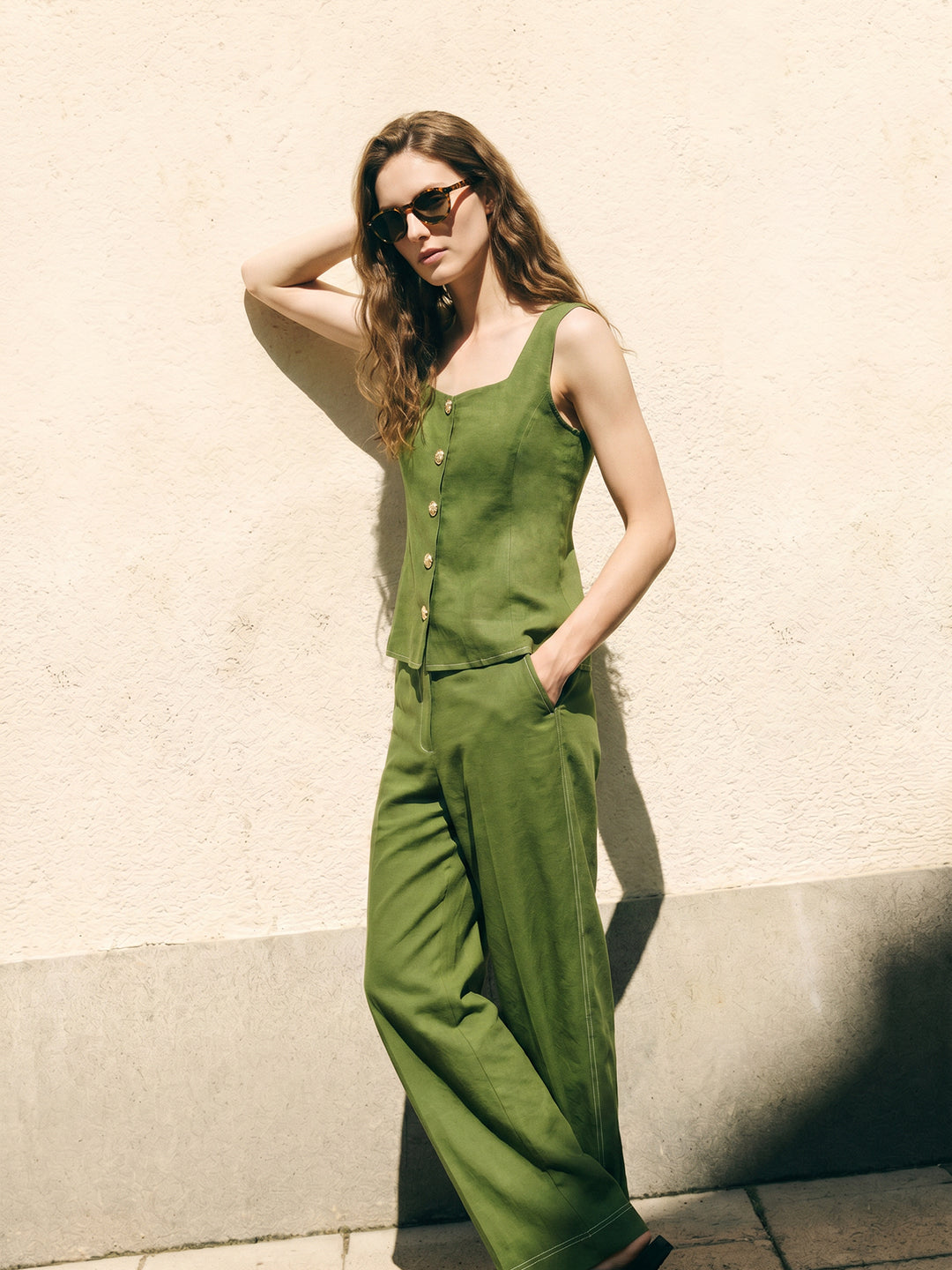 Green High Rise Wide Leg Pants