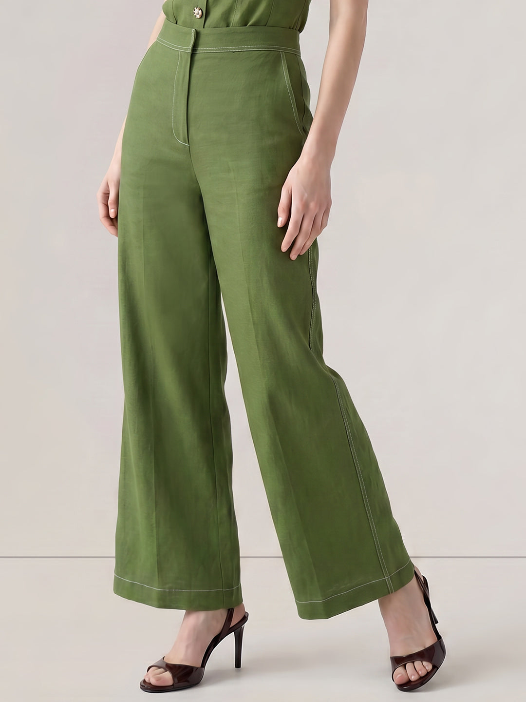 Green High Rise Wide Leg Pants