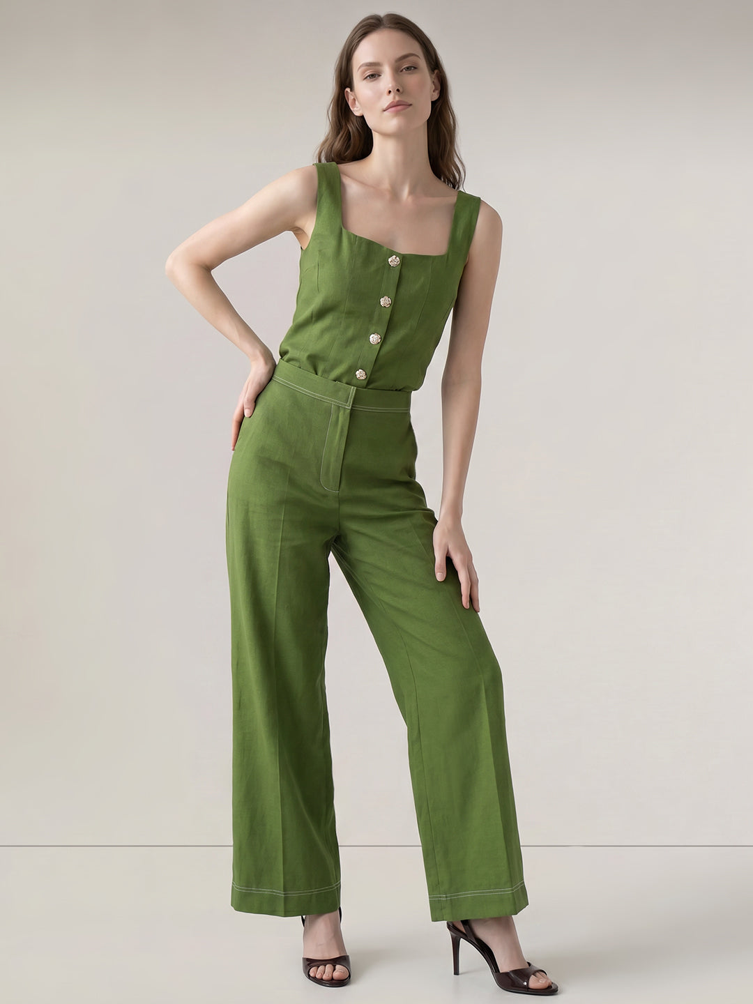 Green High Rise Wide Leg Pants