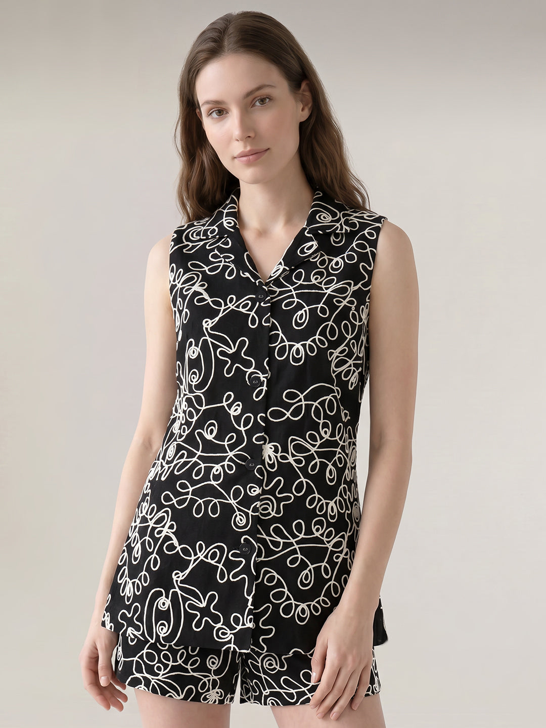Black Printed Sleeveless Shirt