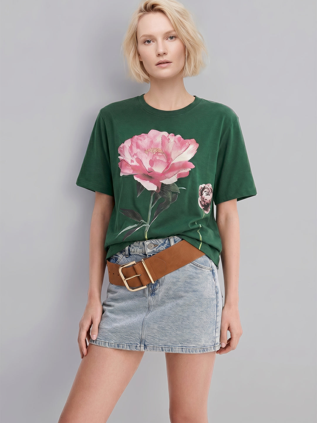 Dark Green Printed Cotton T-shirt