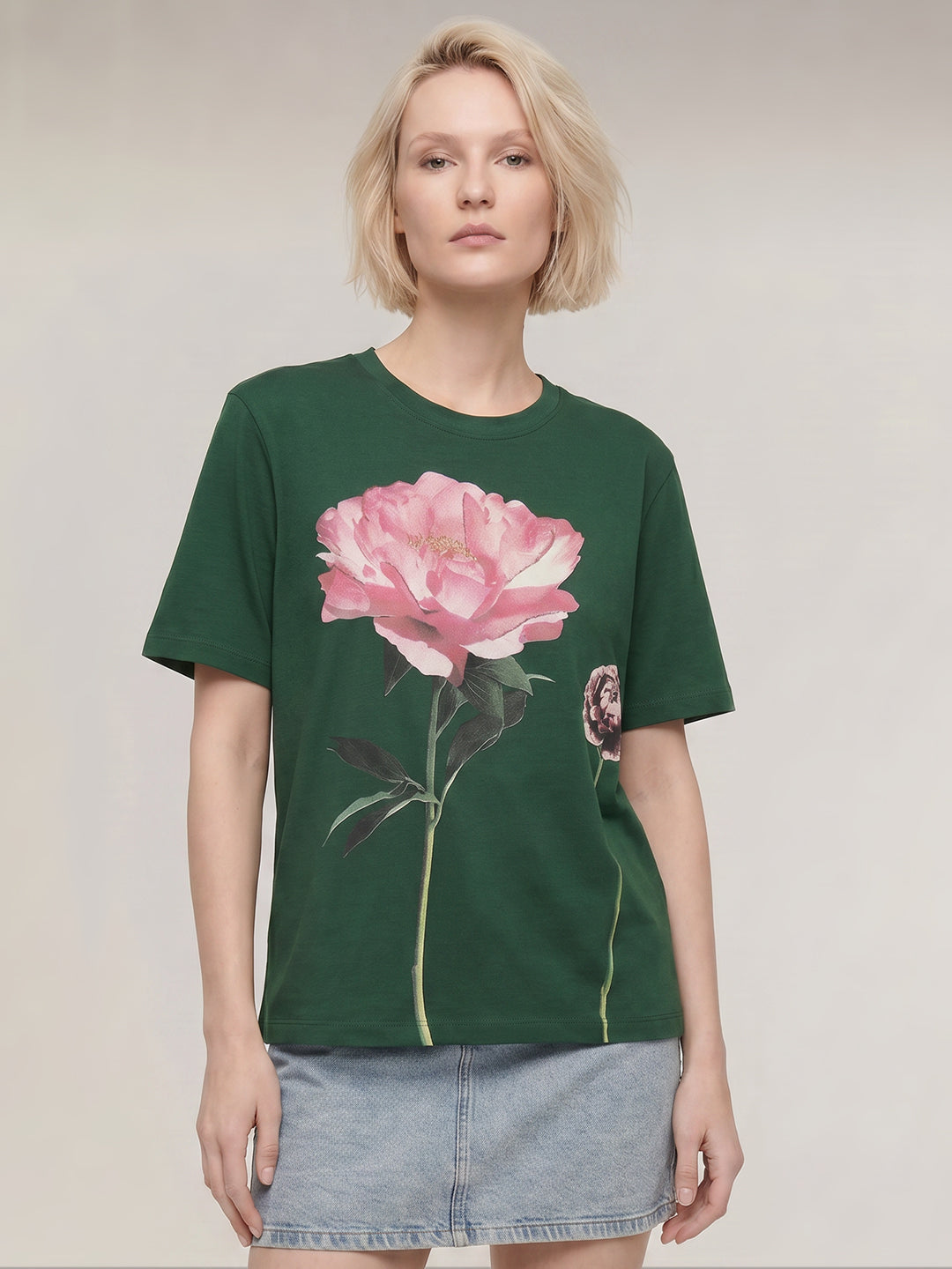 Dark Green Printed Cotton T-shirt