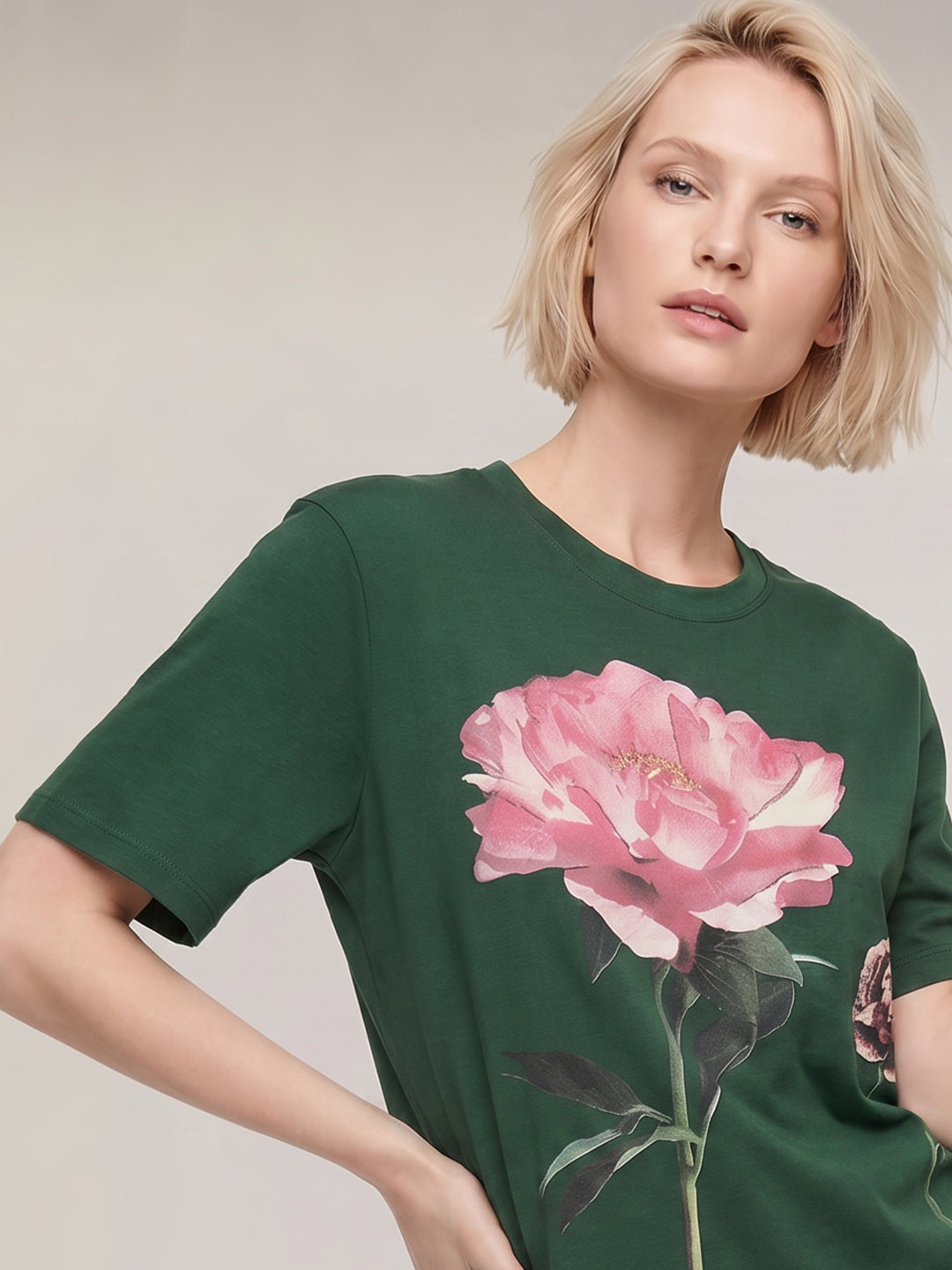 Dark Green Printed Cotton T-shirt