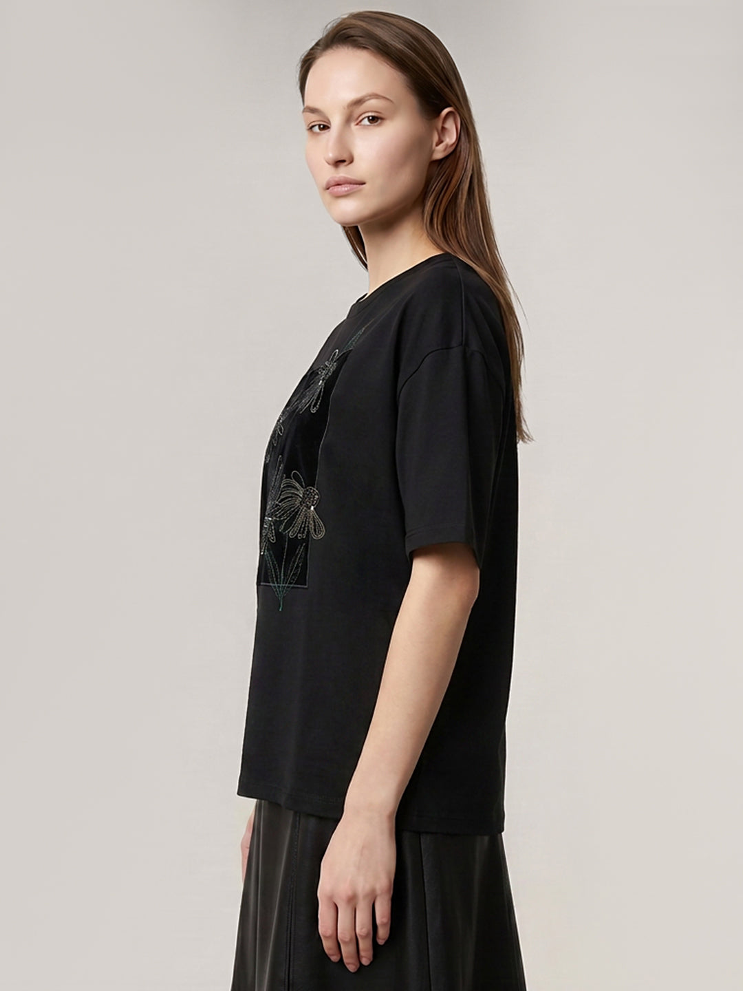 Black Floral Embroidered T-shirt