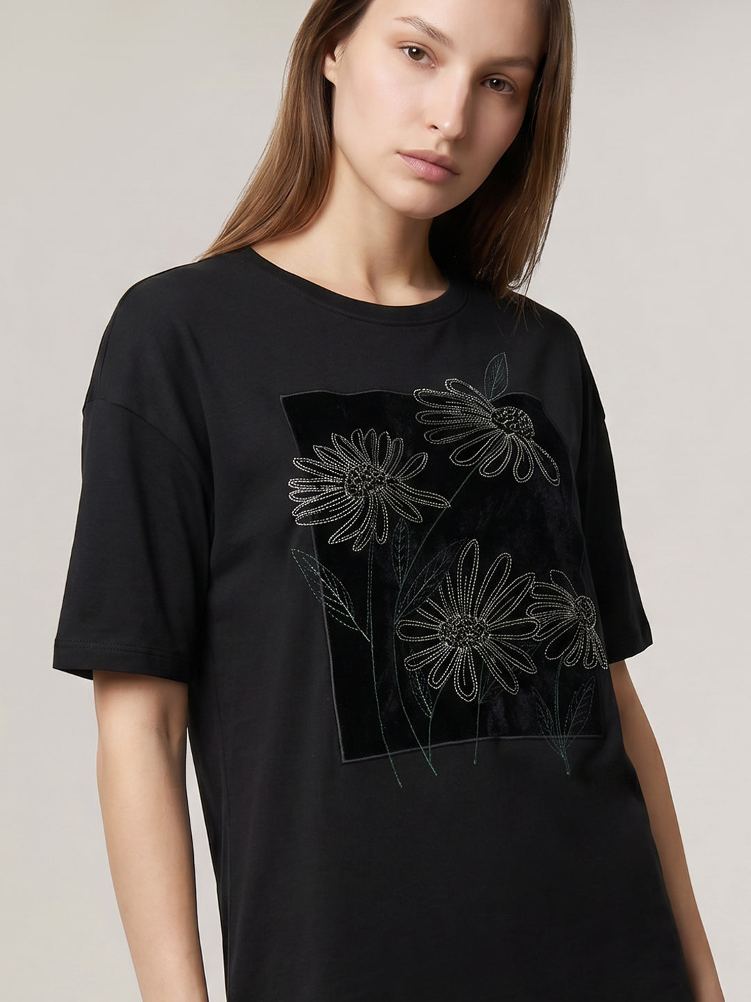 Black Floral Embroidered T-shirt