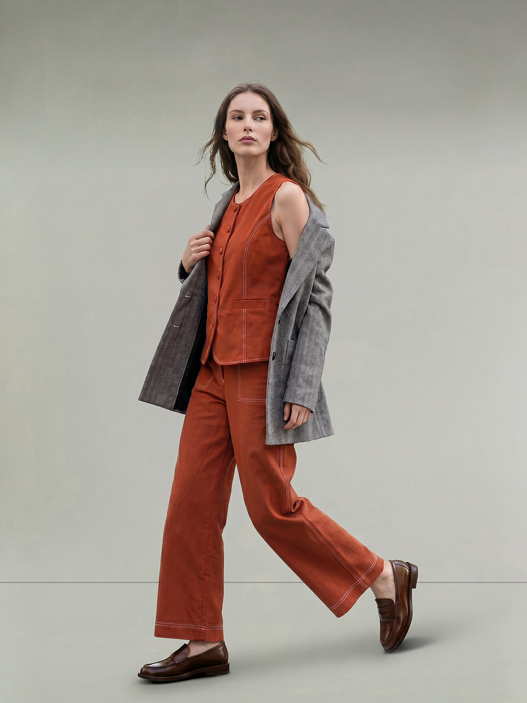 Brown Contrast Stitch Pants