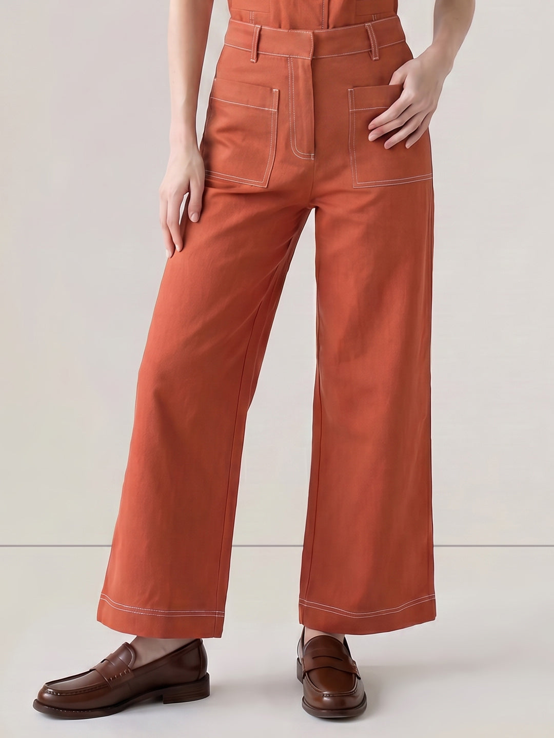 Brown Contrast Stitch Pants