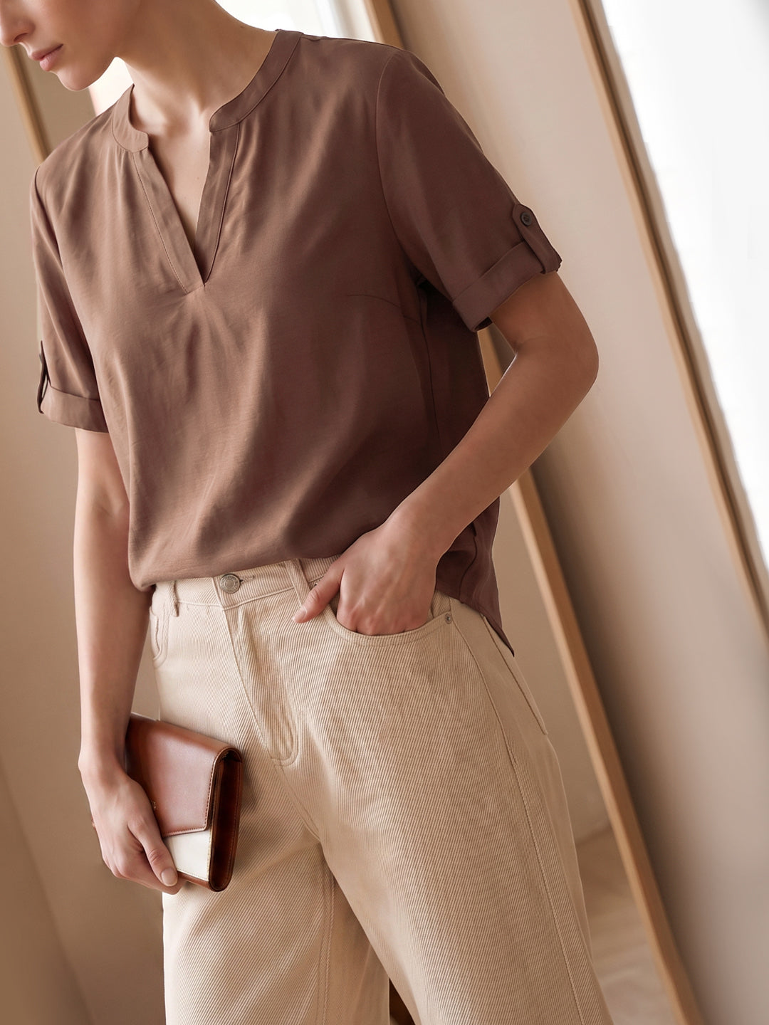 Brown Split V Neck Top