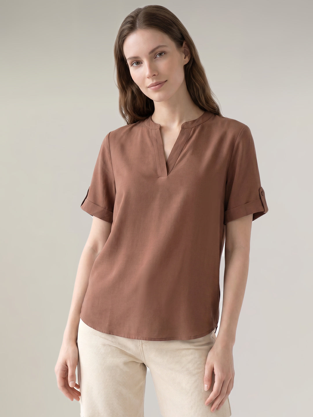 Brown Split V Neck Top