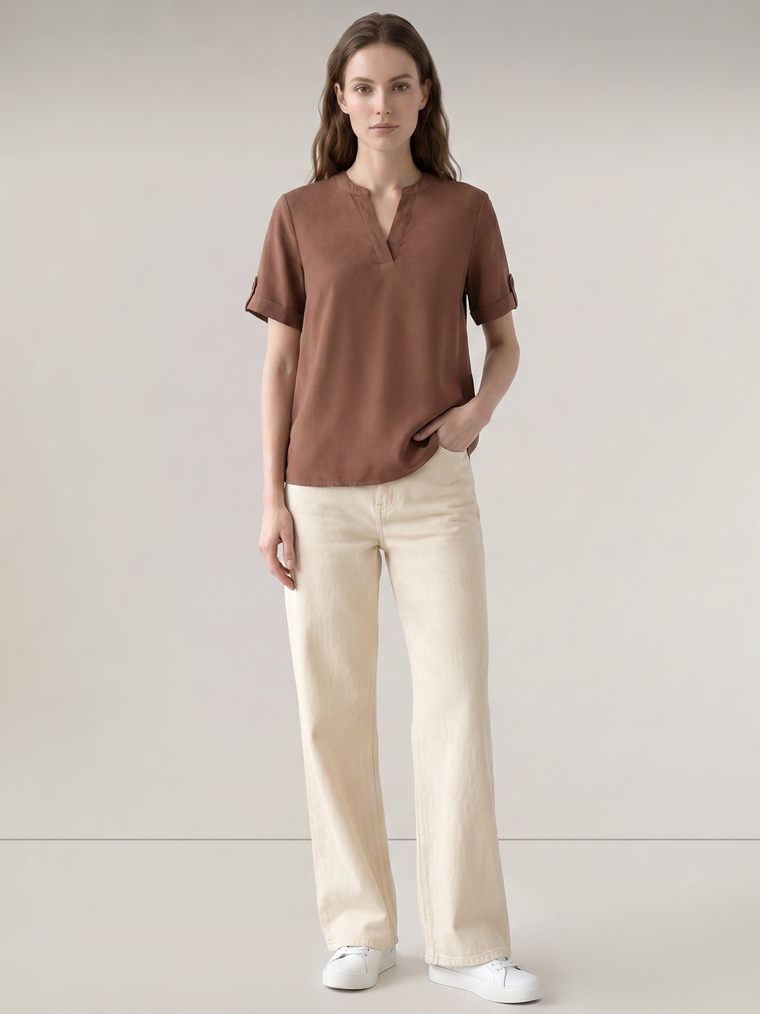 Brown Split V Neck Top