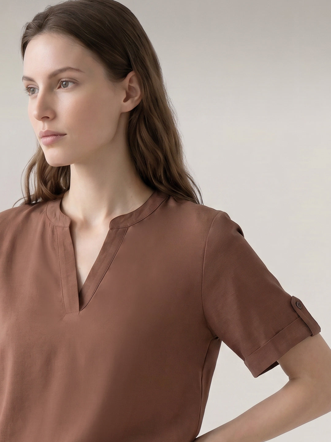 Brown Split V Neck Top