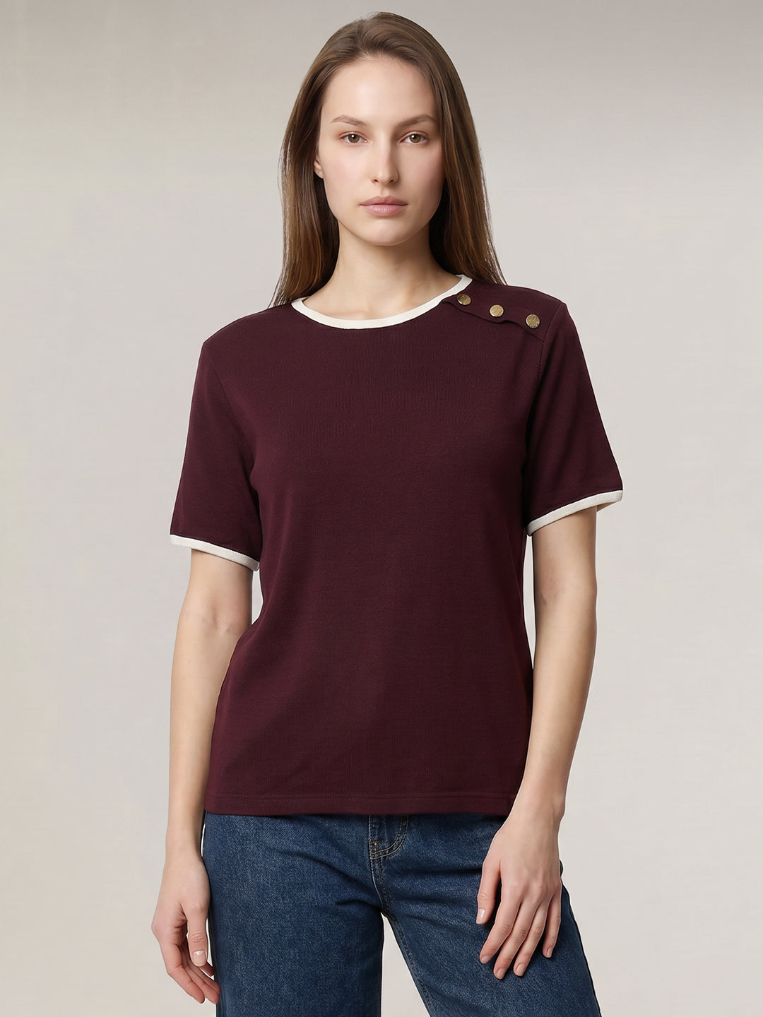 Contrast Trim Cotton Top - Maroon