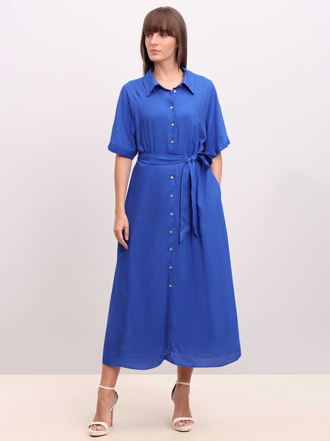 Blue Belted Shirt Dress