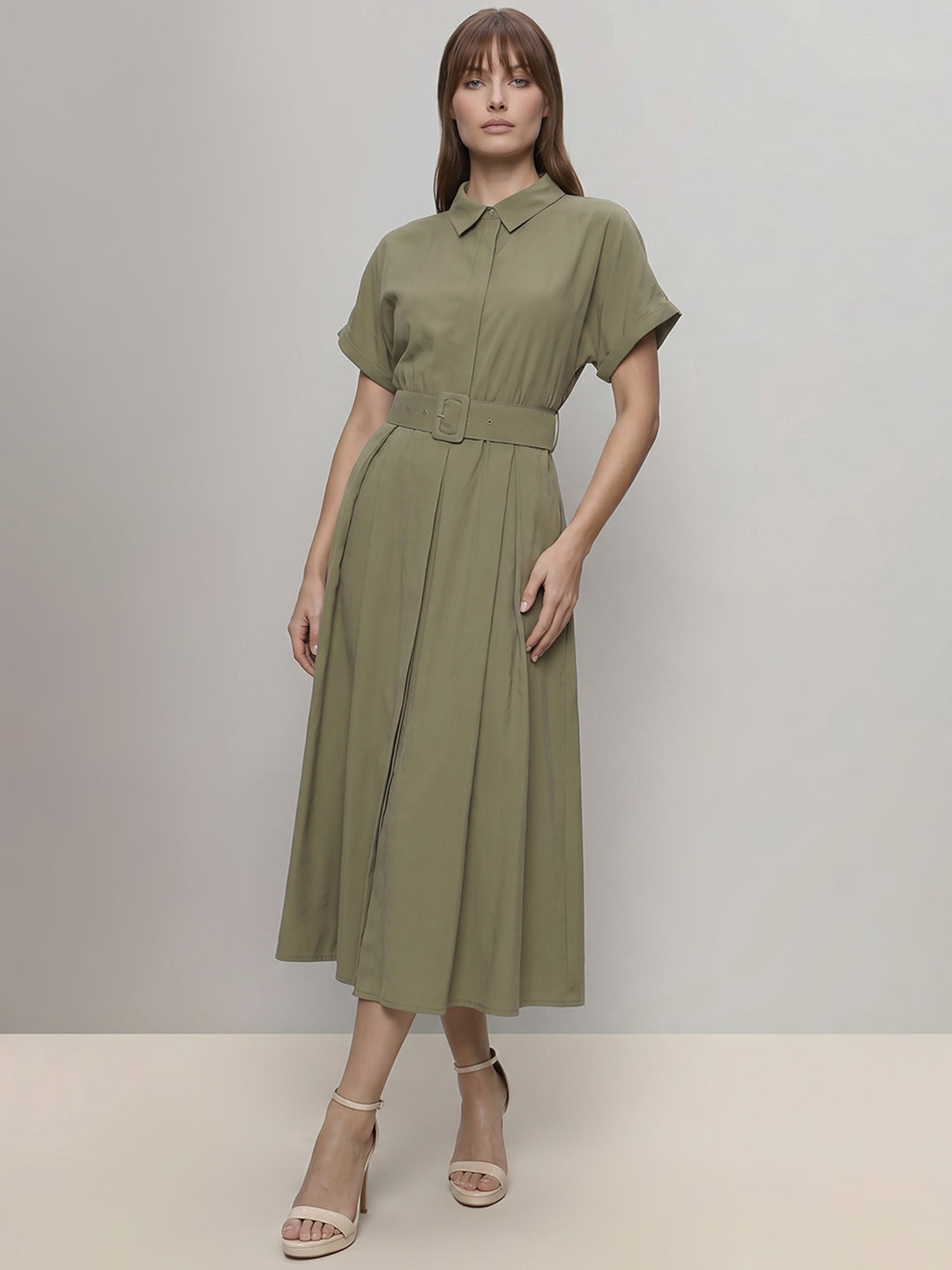 Sage Green Belted Shirt Dress