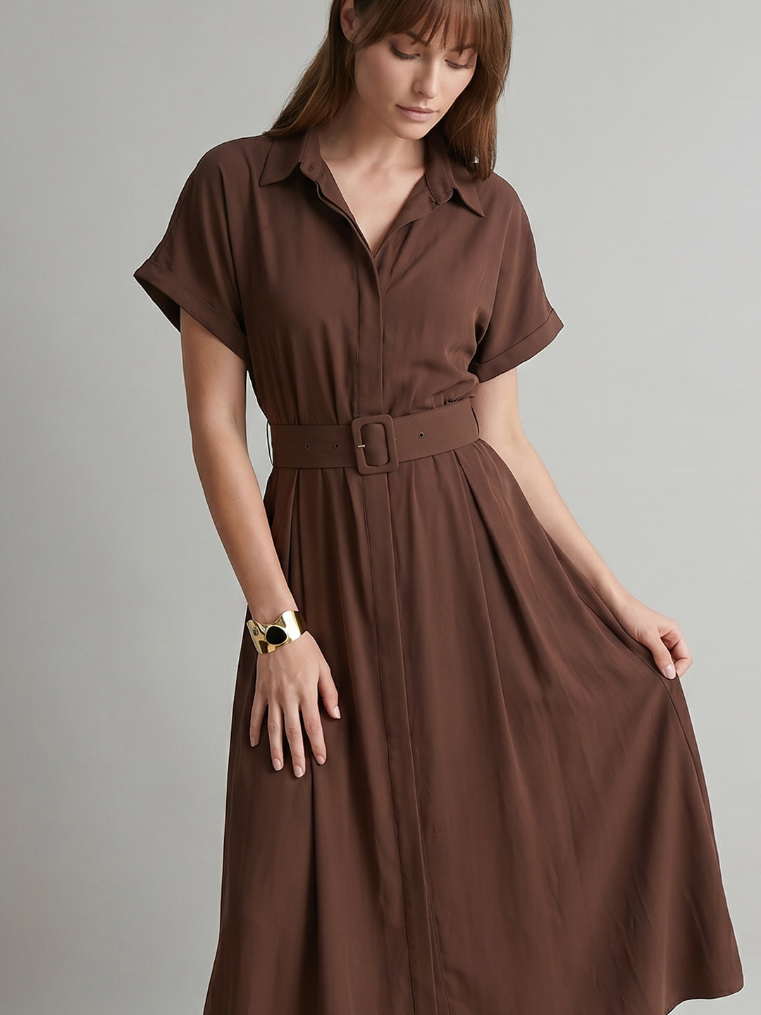 Dark Brown Belted Shirt Dress