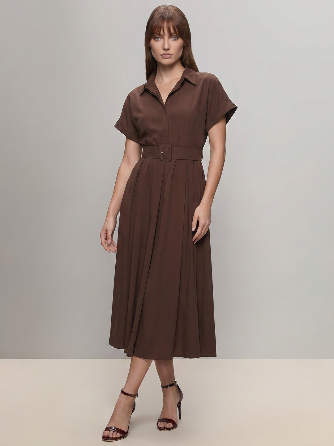 Dark Brown Belted Shirt Dress