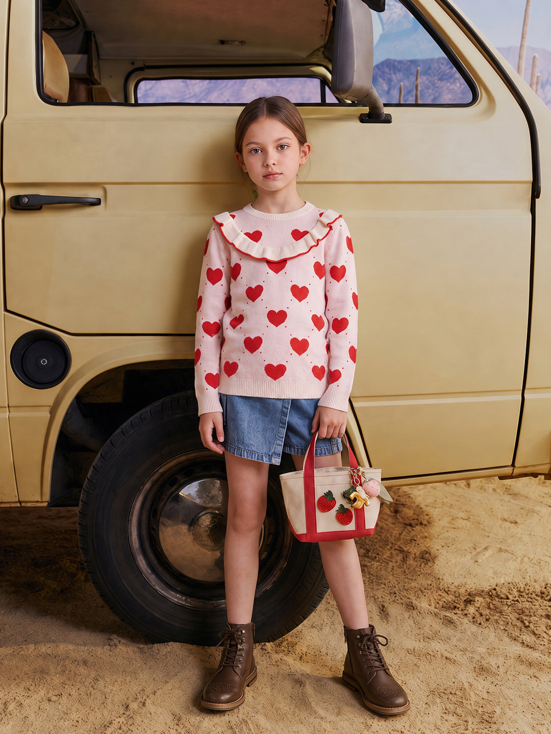 GIRLS Heart Print Ruffle Knit Top