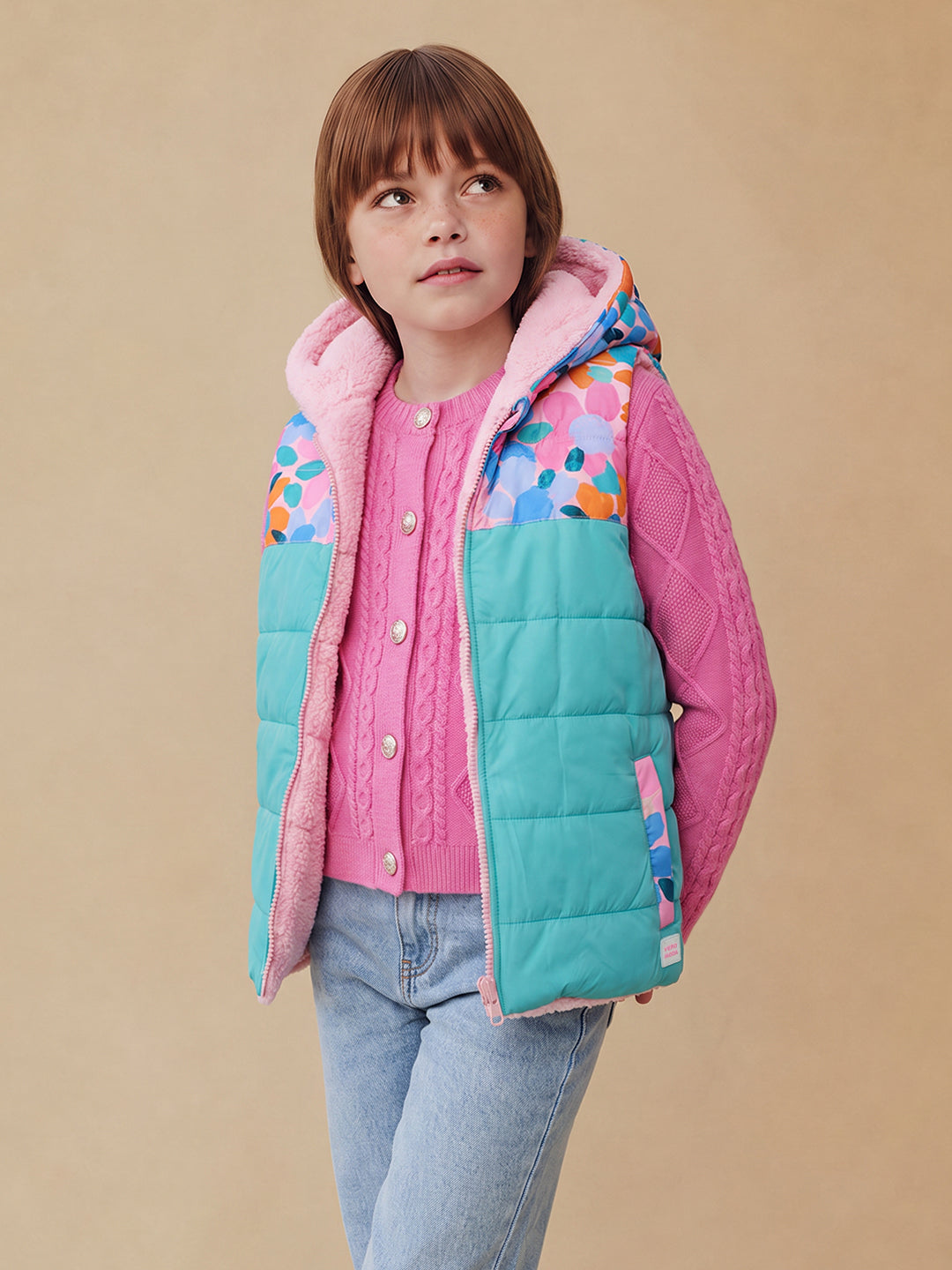 GIRLS Printed Hooded Reversible Jacket