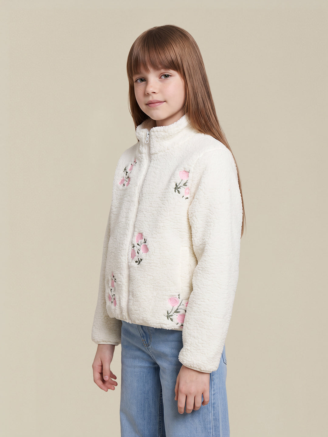 GIRLS White Floral Fleece Jacket