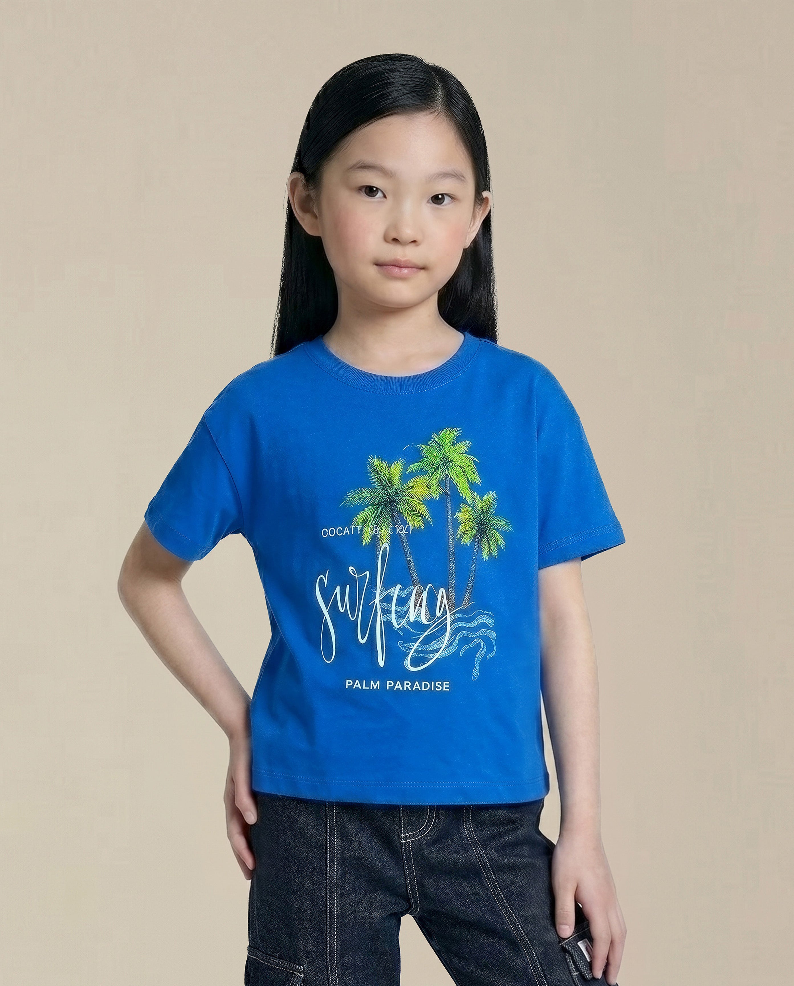 GIRLS Blue Printed Cotton T-shirt