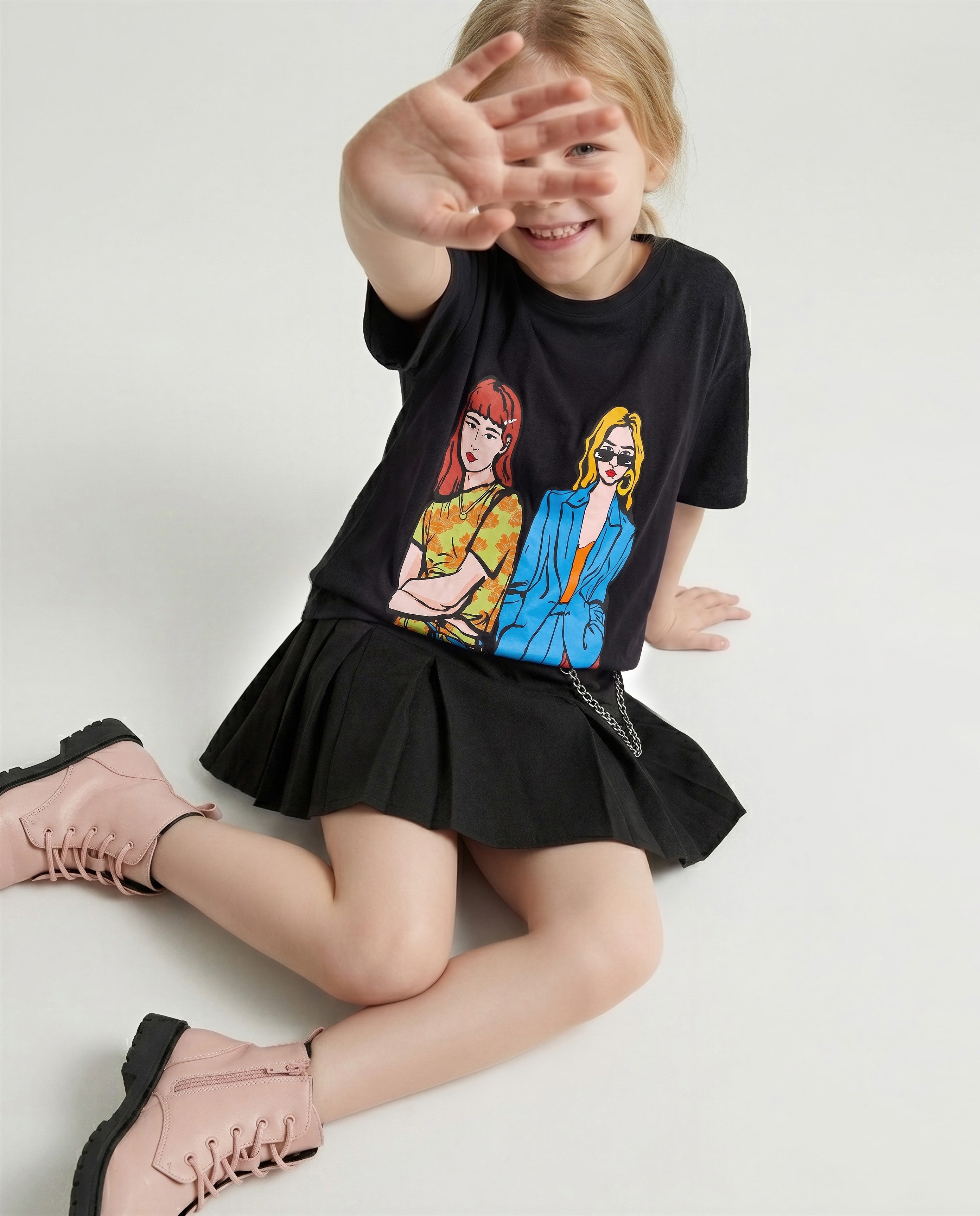 GIRLS Black Printed T-shirt