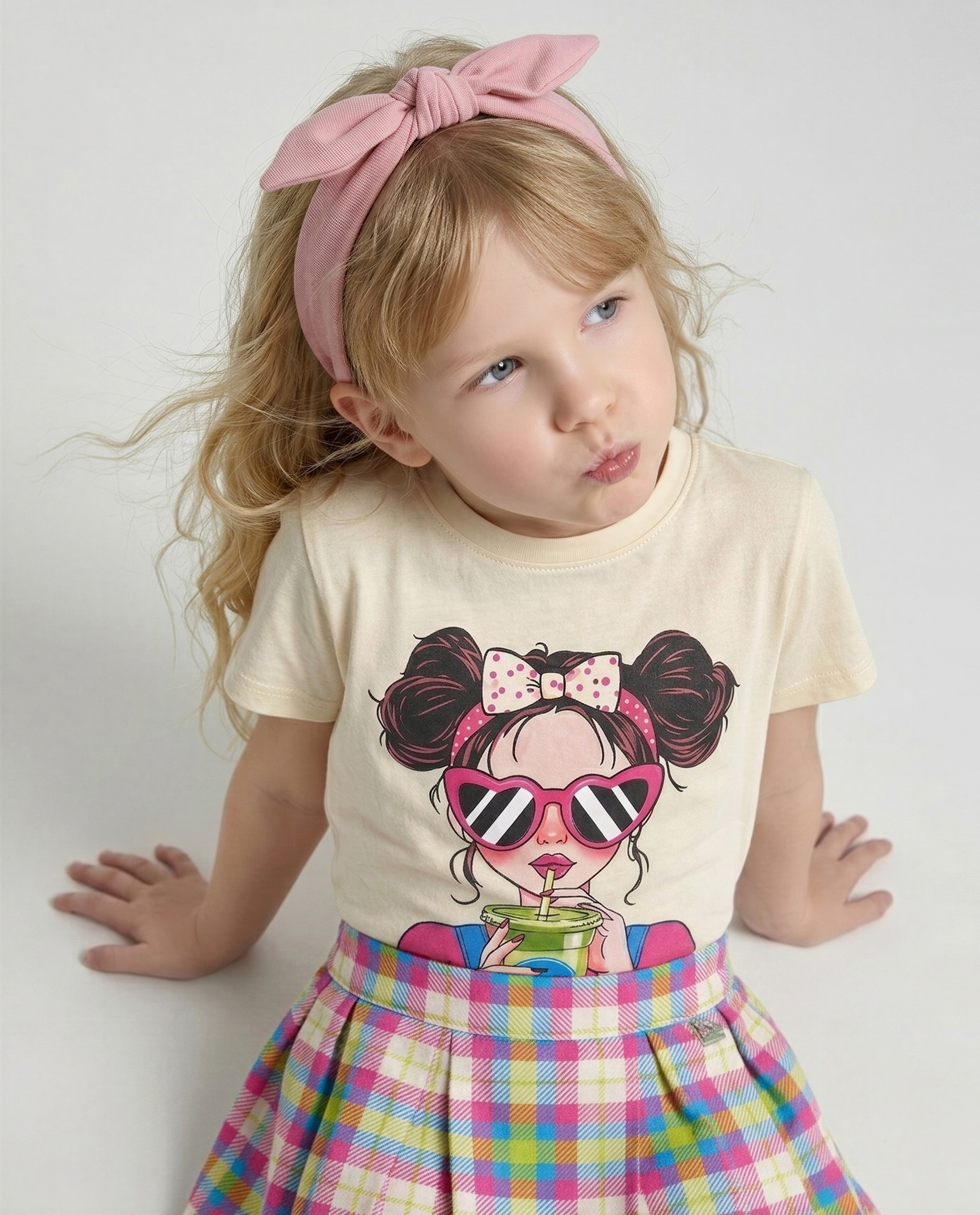 GIRLS Beige Printed Cotton T-shirt