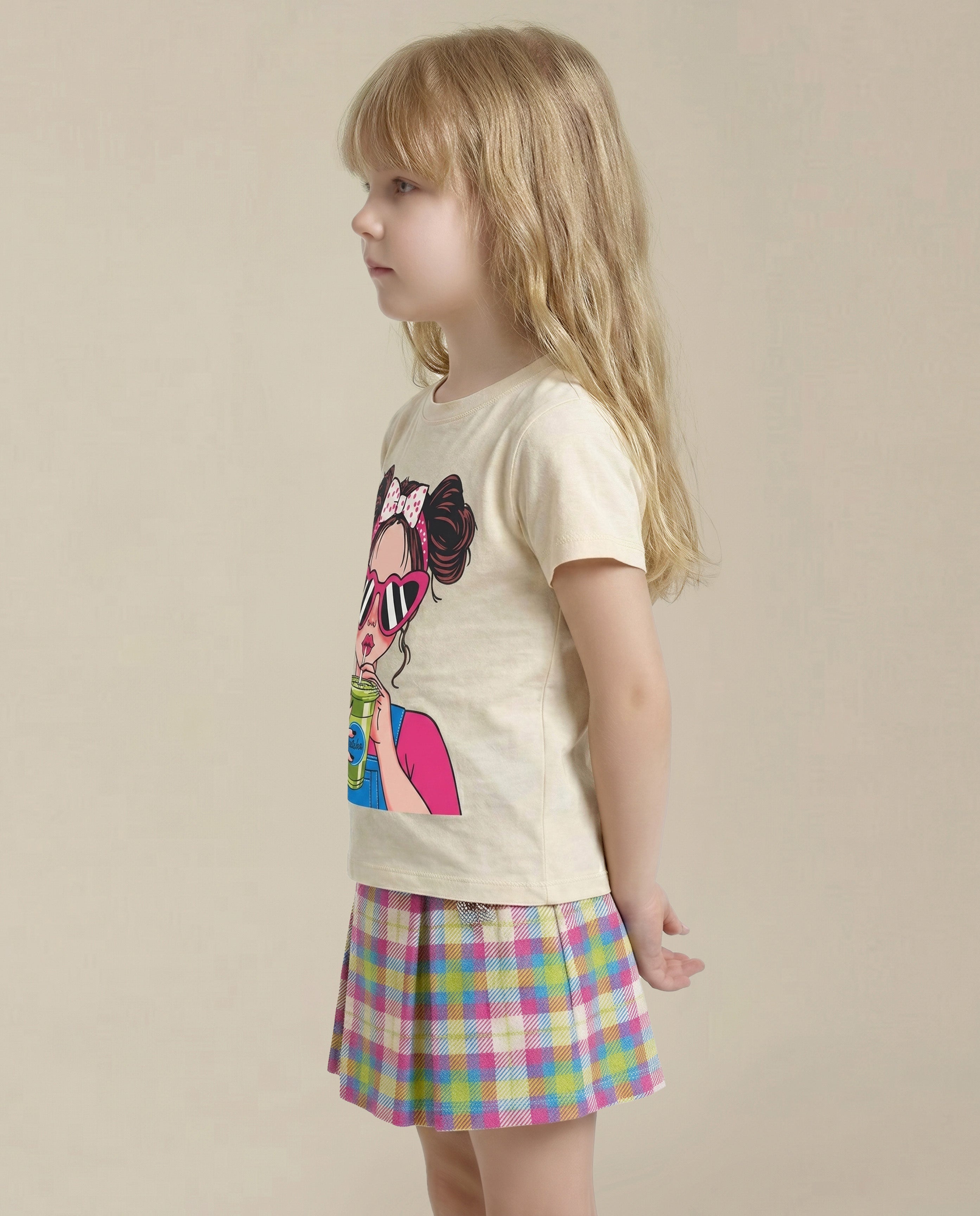 GIRLS Beige Printed Cotton T-shirt