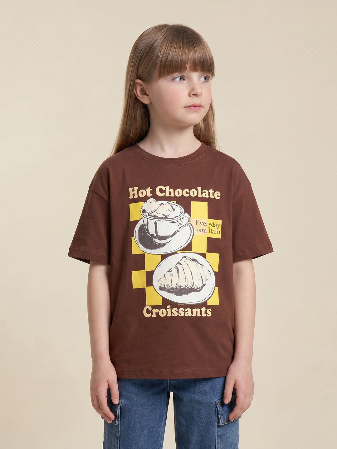 GIRLS Dark Brown Printed T-shirt