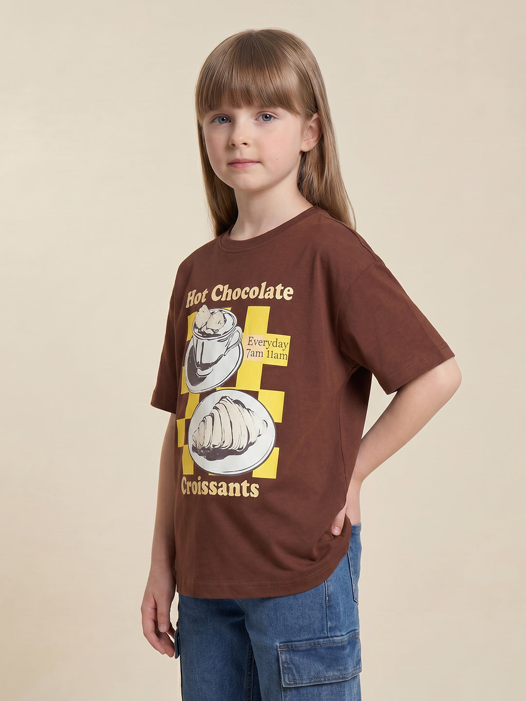GIRLS Dark Brown Printed T-shirt