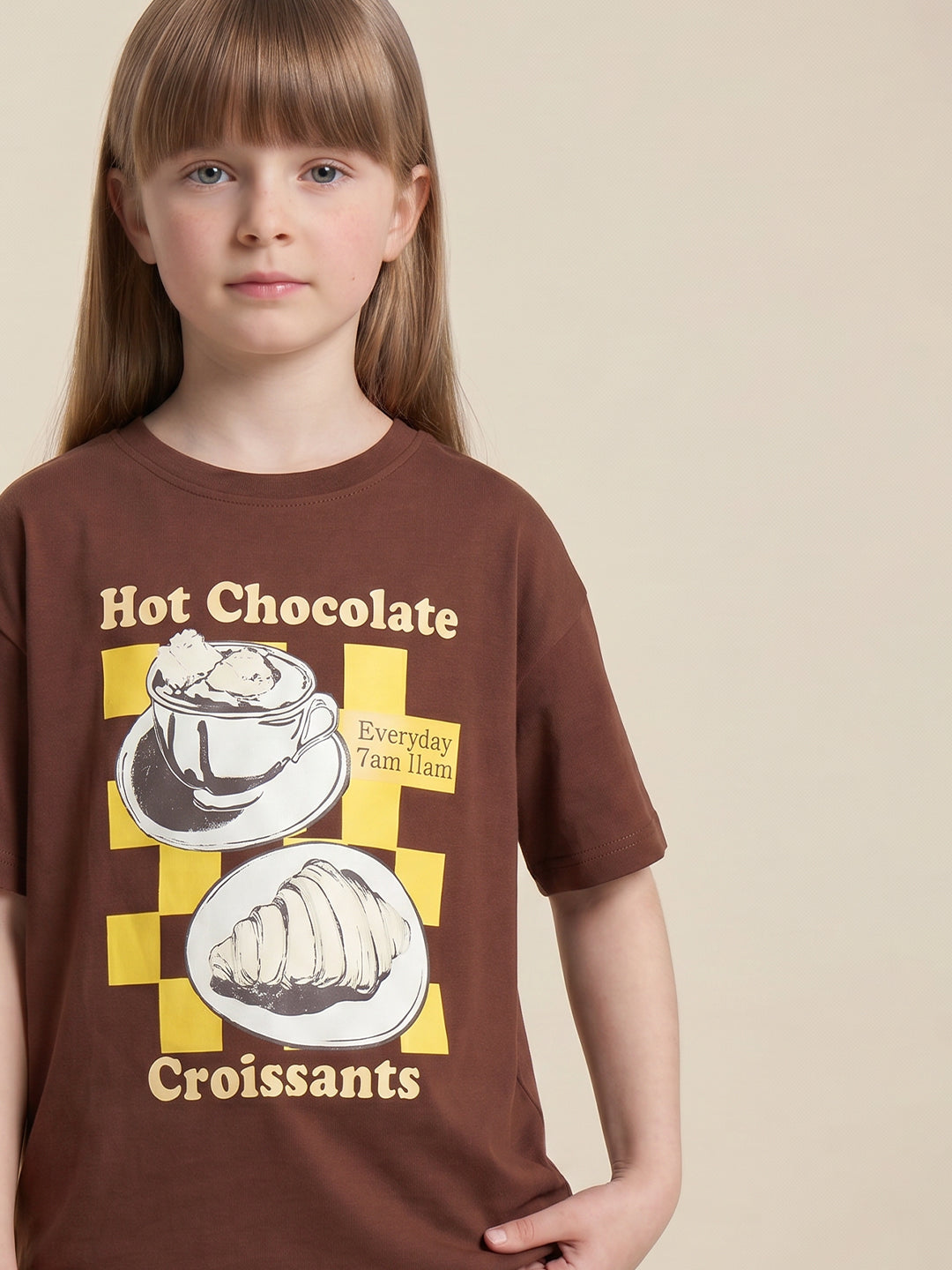 GIRLS Dark Brown Printed T-shirt