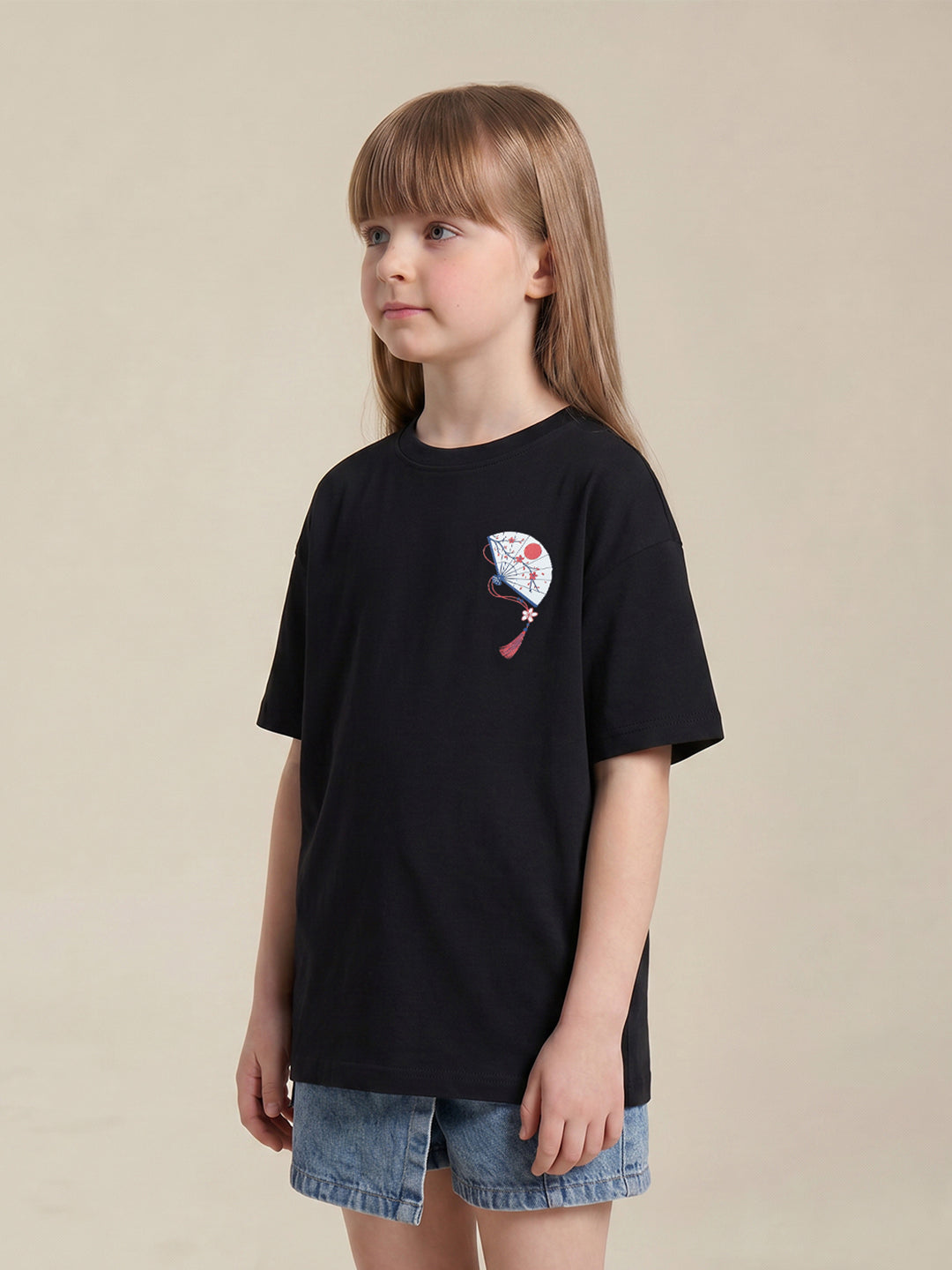 GIRLS Black Printed Cotton T-shirt