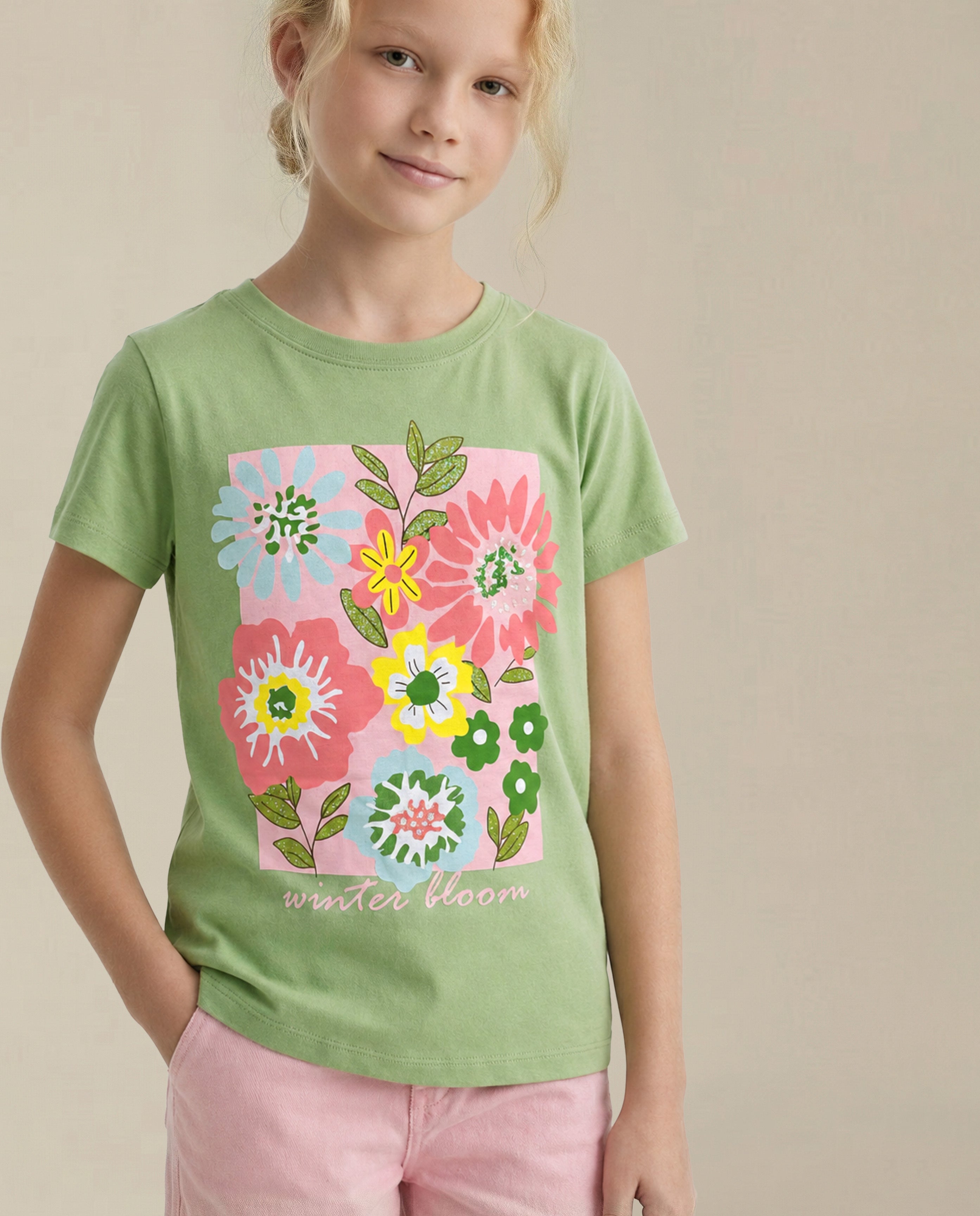 GIRLS Green Printed T-shirt