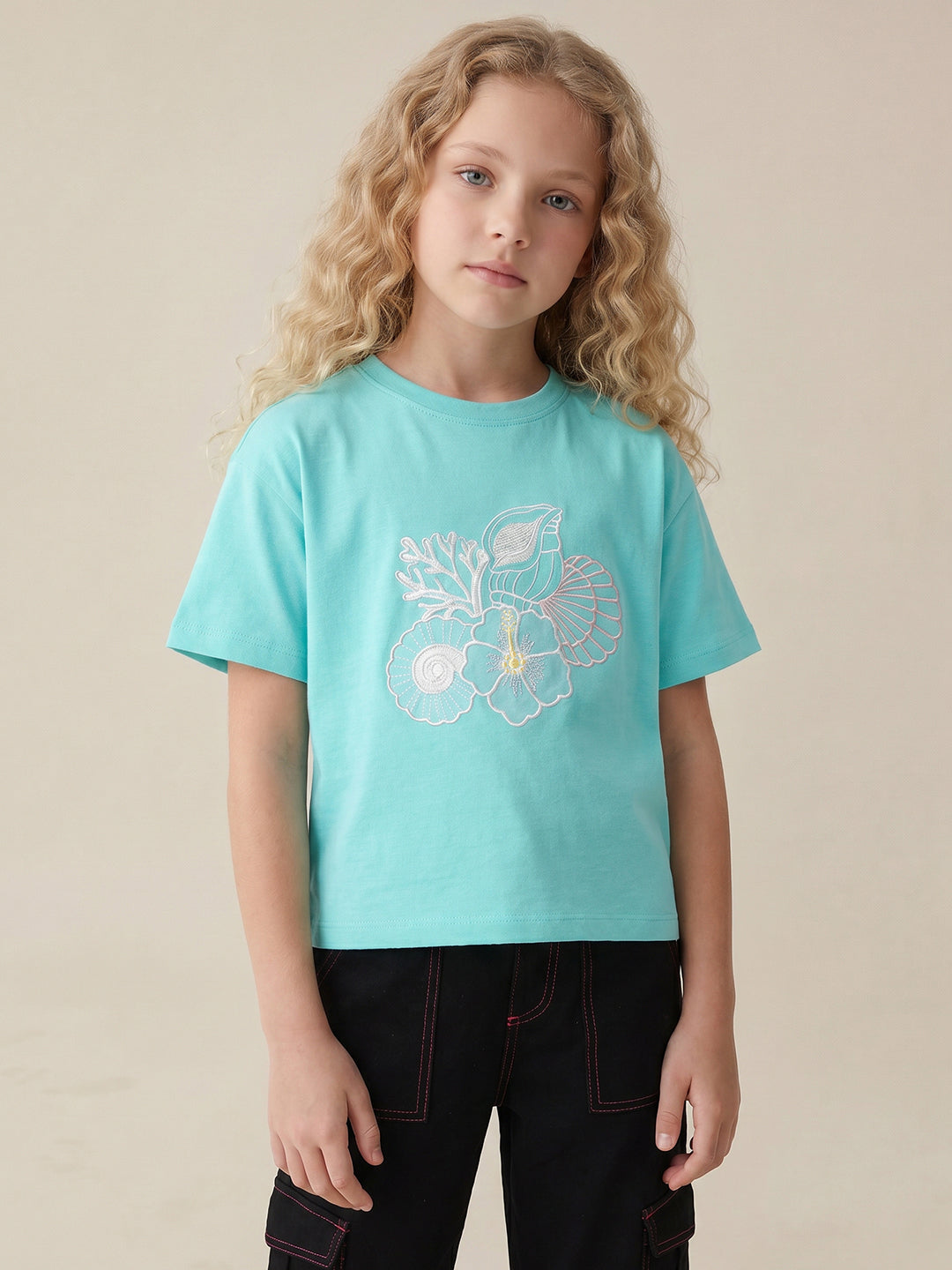 GIRLS Blue Embroidered Print T-shirt