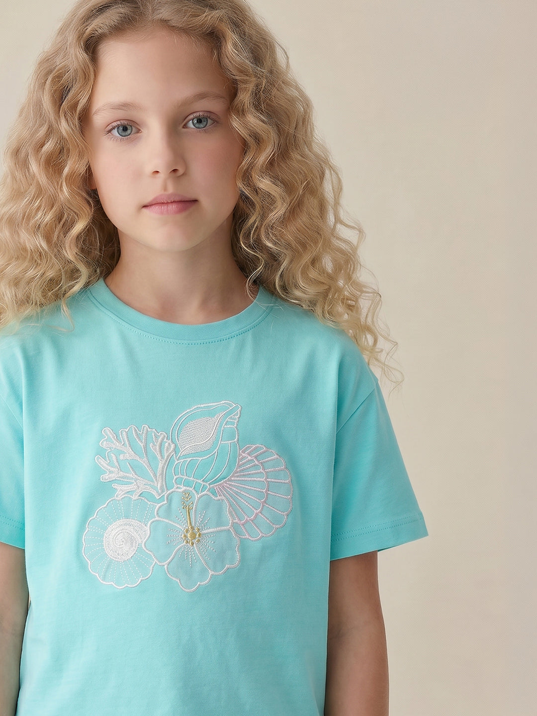 GIRLS Blue Embroidered Print T-shirt
