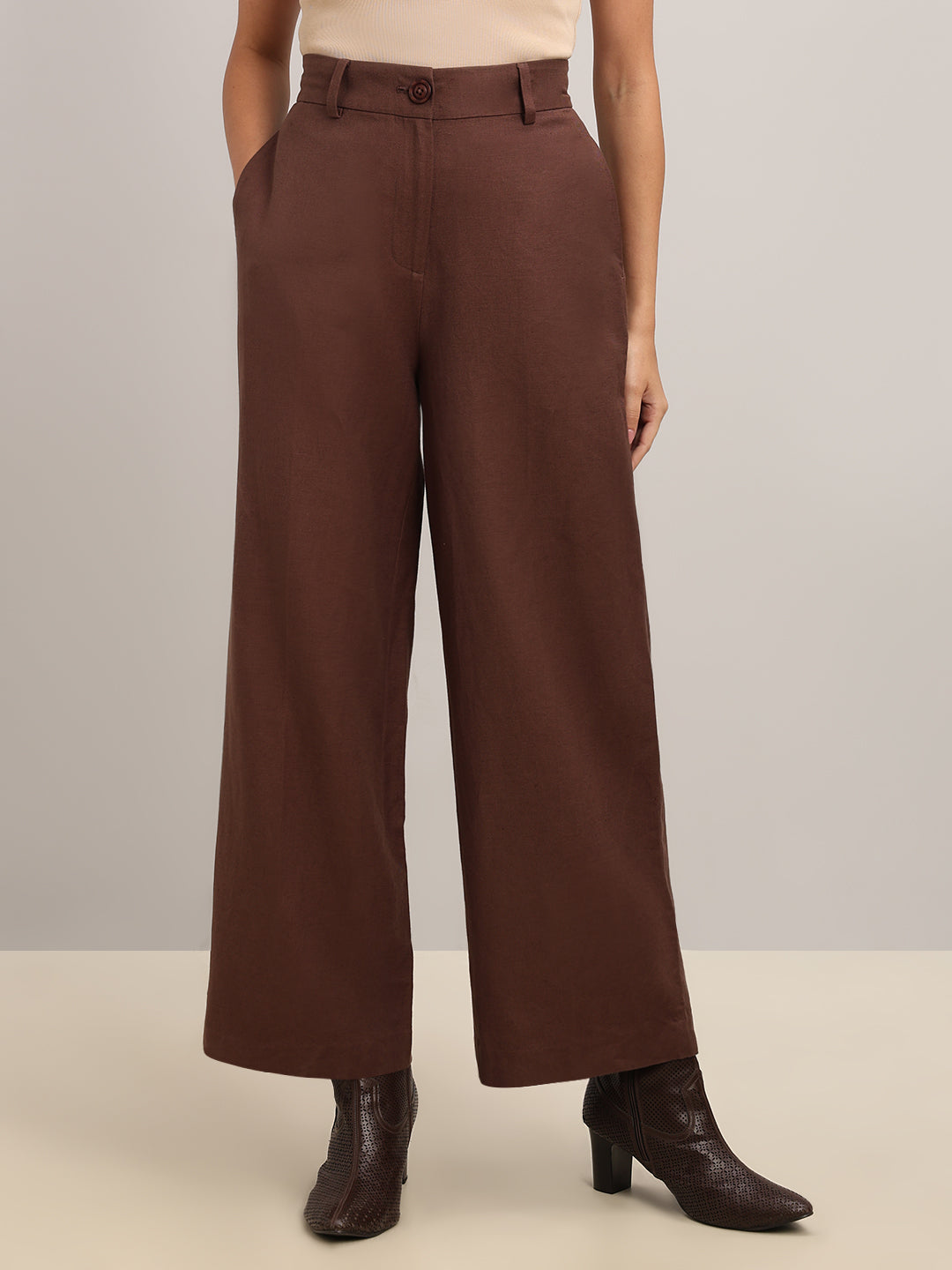 Brown High Rise Wide Leg Pants