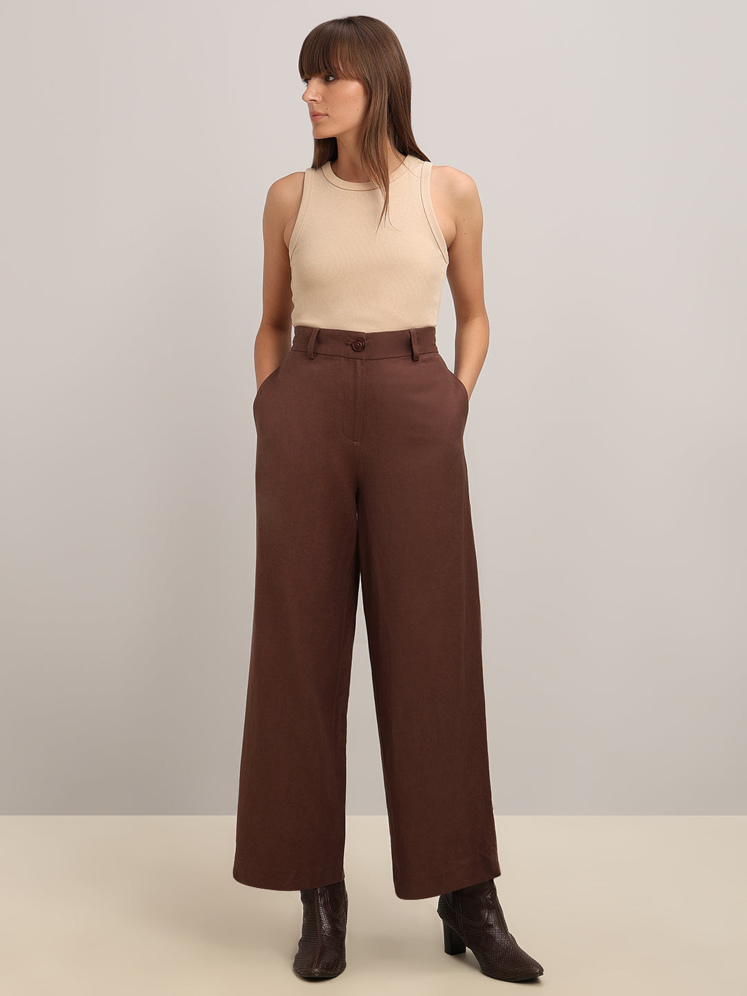 Brown High Rise Wide Leg Pants
