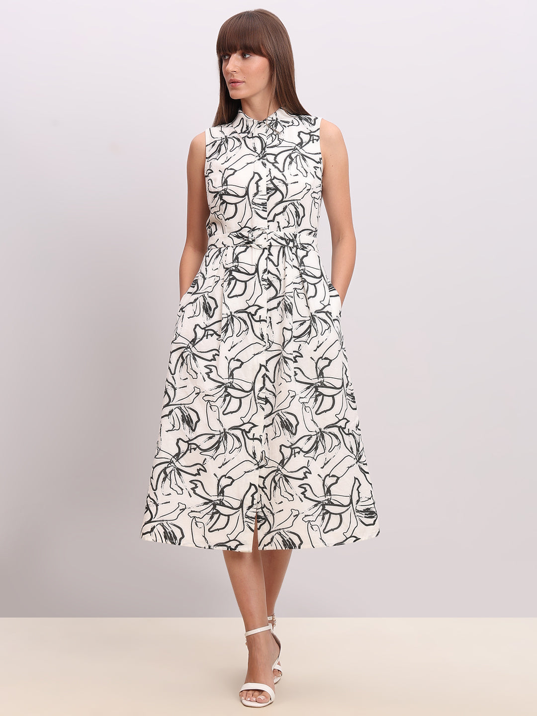 White Printed Midi Shirt Dress