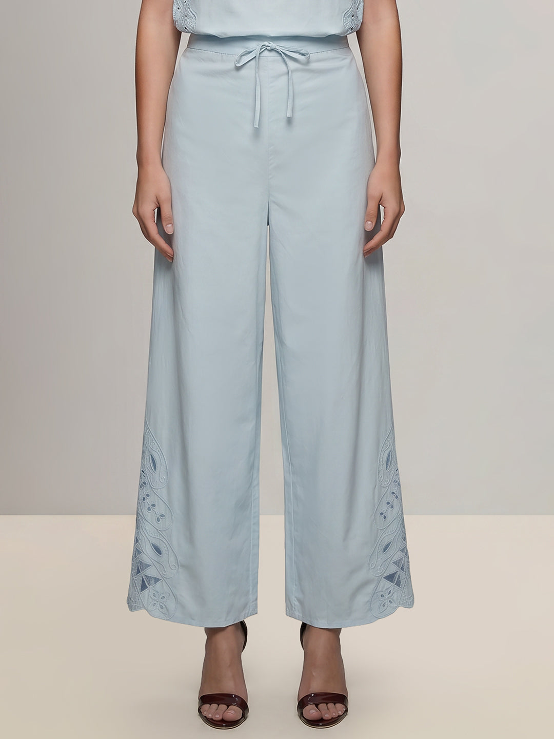 Blue Cut-Work Cotton Pants