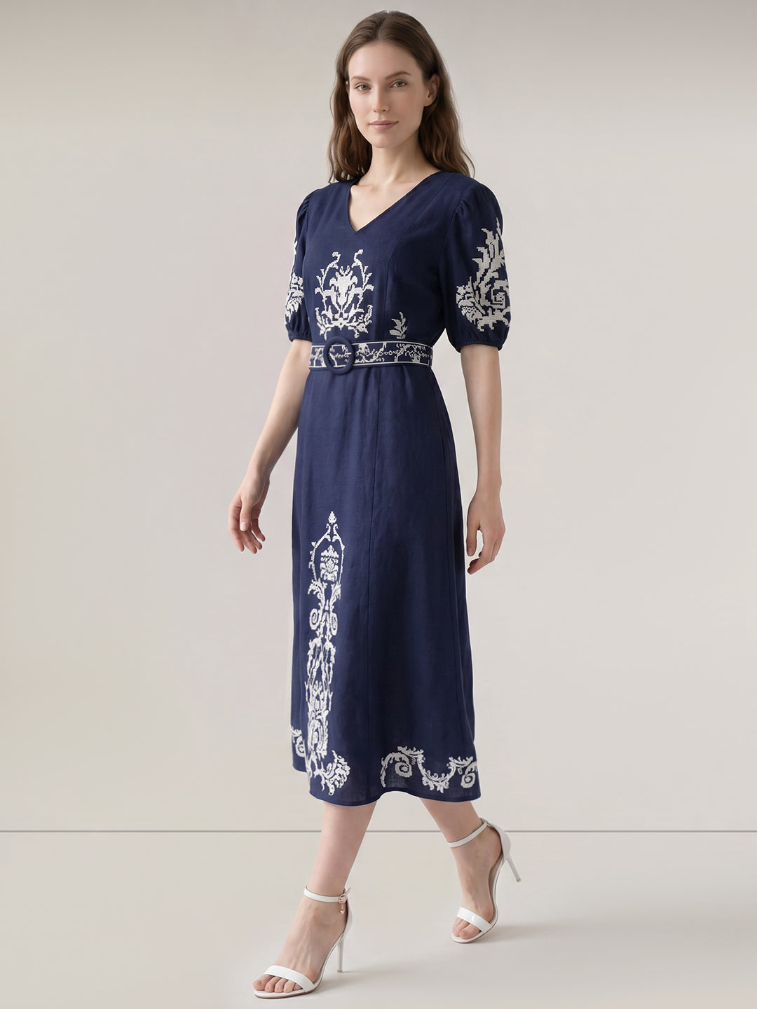 Dark Blue Embroidered Midi Dress